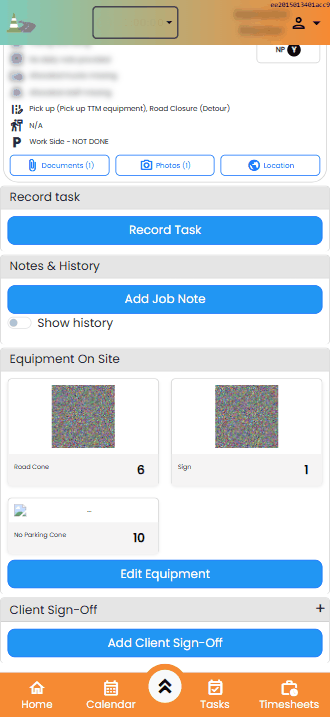 Further down: Record task, Notes & History, Equipment On Site and Client Sign-Off